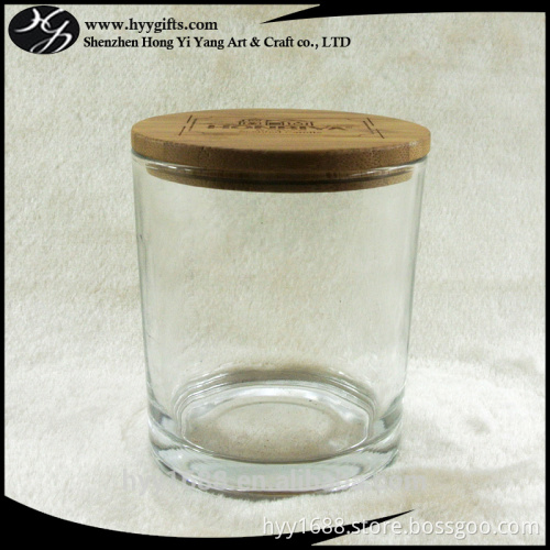 clear glass candle holder with bamboo lid with engraved logo